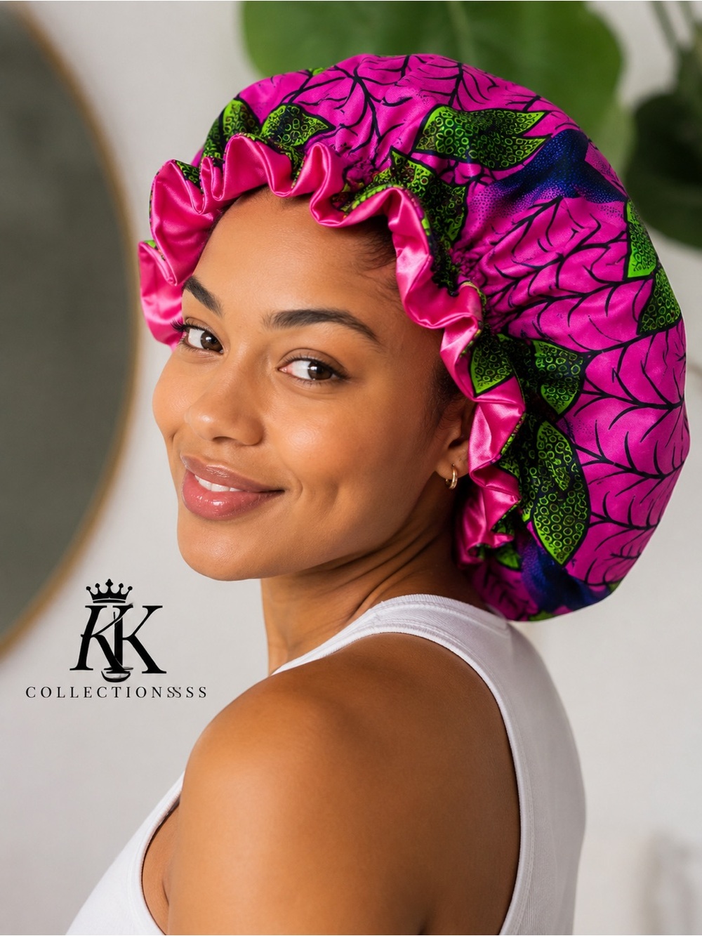 Luxury Satin-Lined Floral Print Sleep Bonnet - Pink & Green